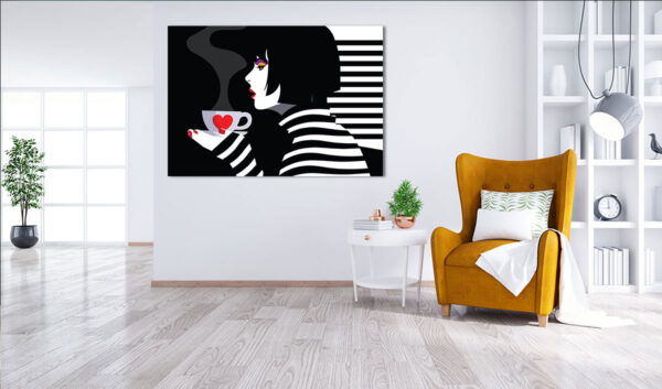 Πίνακας Ζωγραφικής, Γυναίκα Πίνει Καφέ σε Κούπα με Καρδιά, HEP-2021-4131