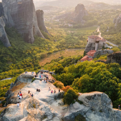 Aerial Drone View, Meteora Sunset, Greece